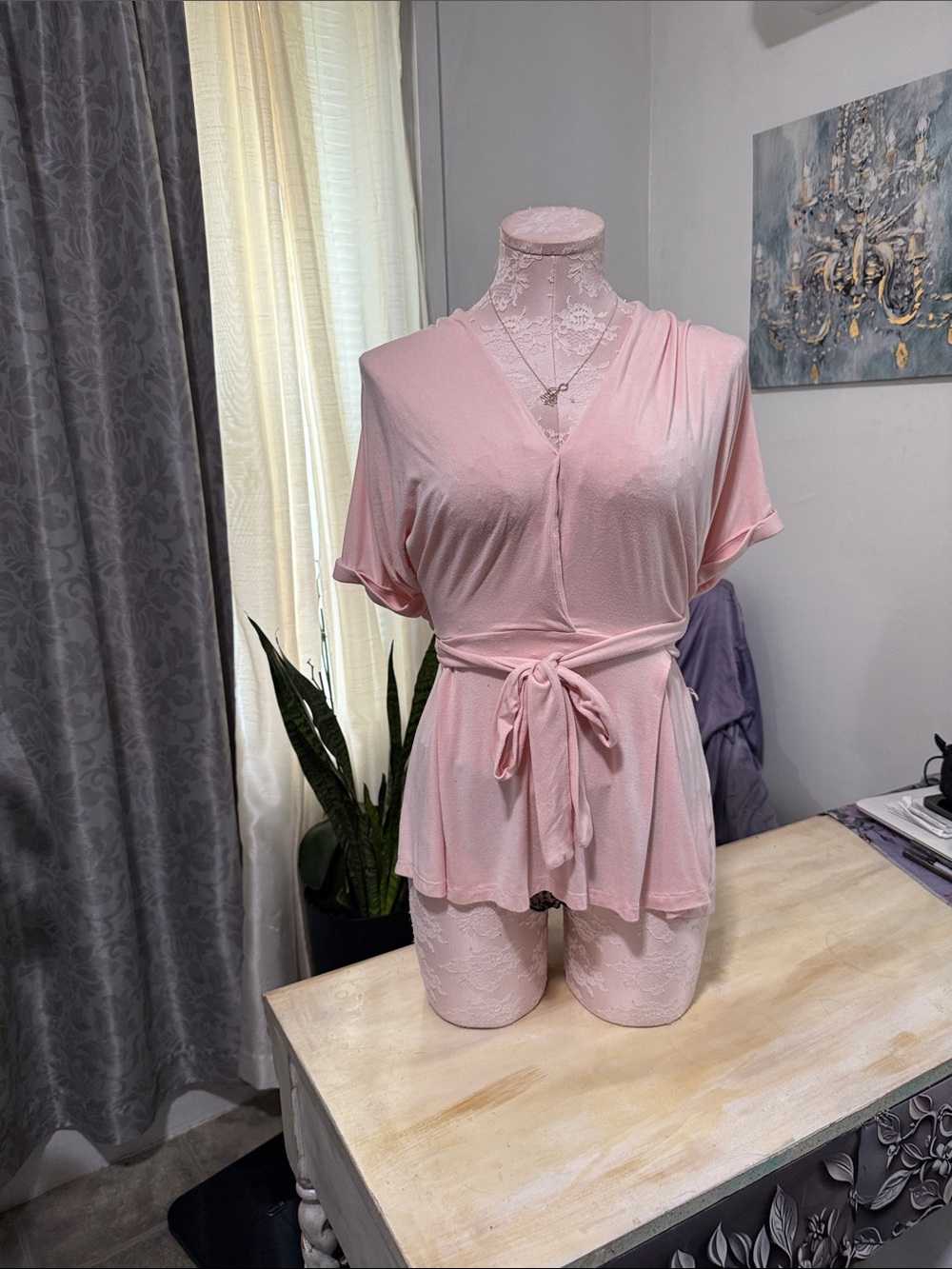 VENUS Light Pink Wrap Front Tie Lounge Top